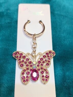Gold Butterfly Keychain with Pink Crystal Accents